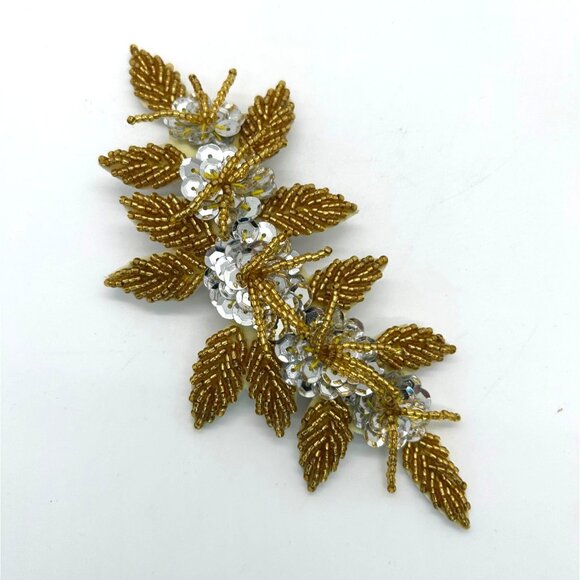 Floral Hair Barrette Bridal Prom Formal Gold-Tone Beaded & Silver Sequin - Picture 2 of 10